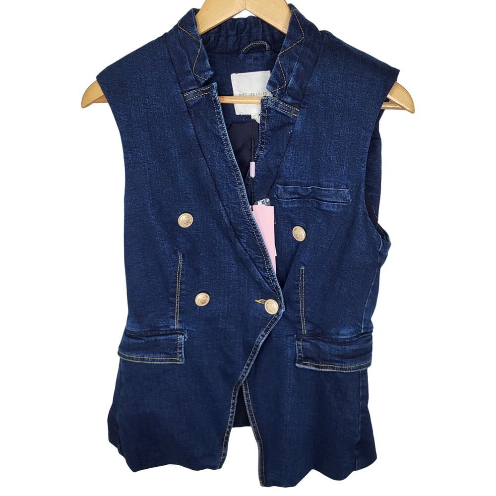 Avec Les Filles Navy Denim Vest with Gold Buttons
